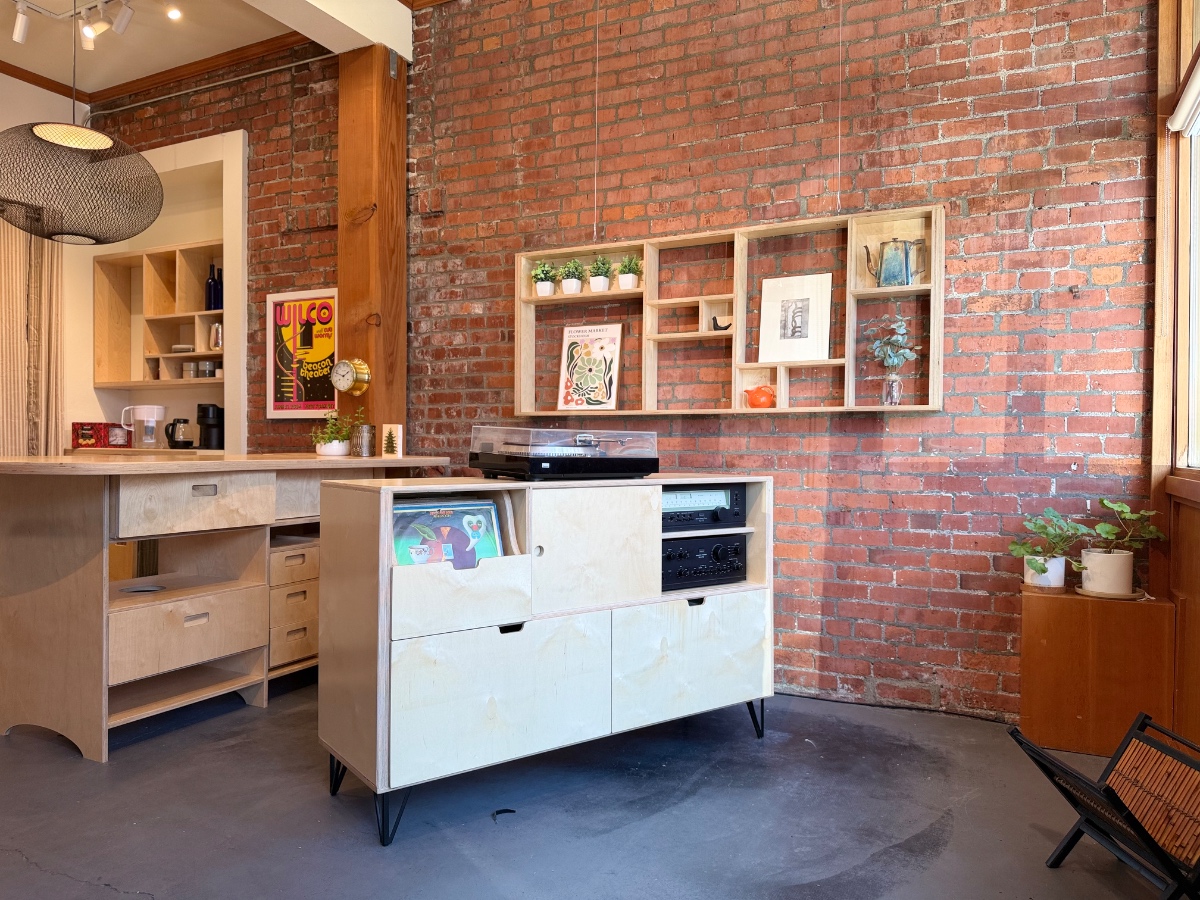 Vinyl record storage console with shelves sized for hi fi components and records
